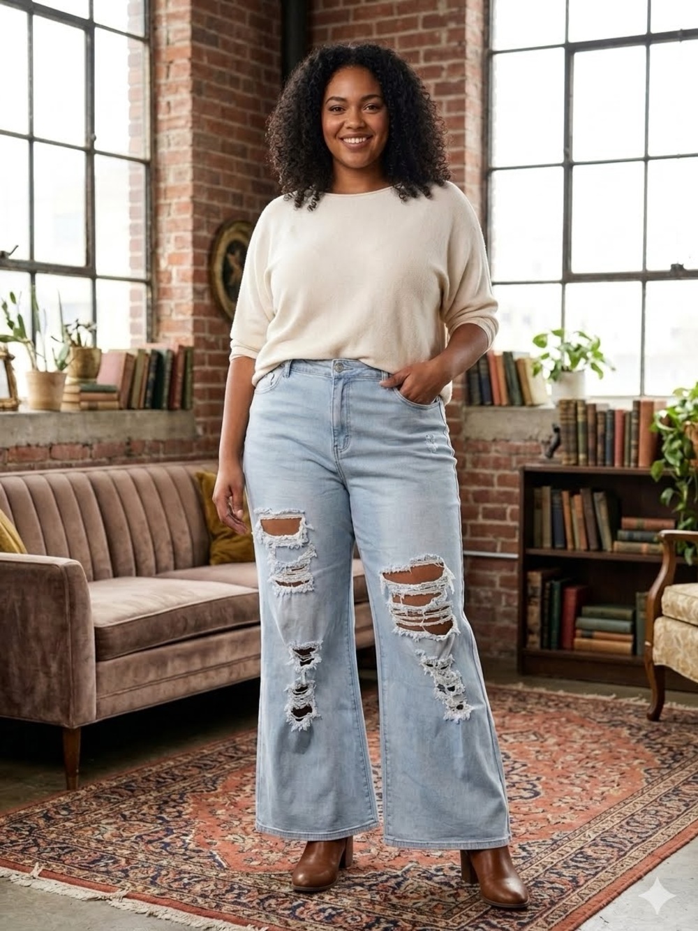 Vibrant Light Blue Distressed Flare Jeans Size 3X